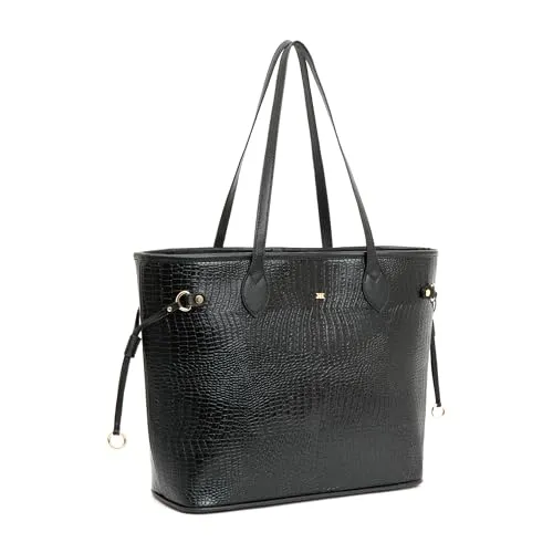 KLEIO Vegan Leather Croco Embossed Carry It All Tote Shopping Bag for Women (Black)