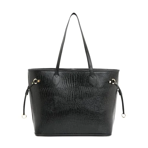 KLEIO Vegan Leather Croco Embossed Carry It All Tote Shopping Bag for Women (Black)