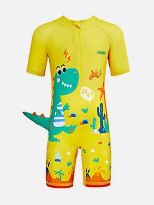 Little Surprise Box 3d Tail Yellow Volcano Dino Print Swimwear for Kids & Toddlers with UPF 50 