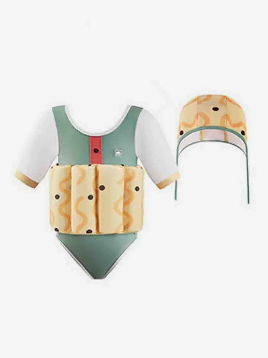 Little Surprise Box Olive & Yellow Curves Print Kids Swimsuit with attached Swim Floats  tie up cap in UPF 50 