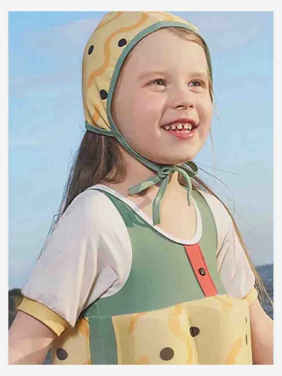 Little Surprise Box Olive & Yellow Curves Print Kids Swimsuit with attached Swim Floats  tie up cap in UPF 50 