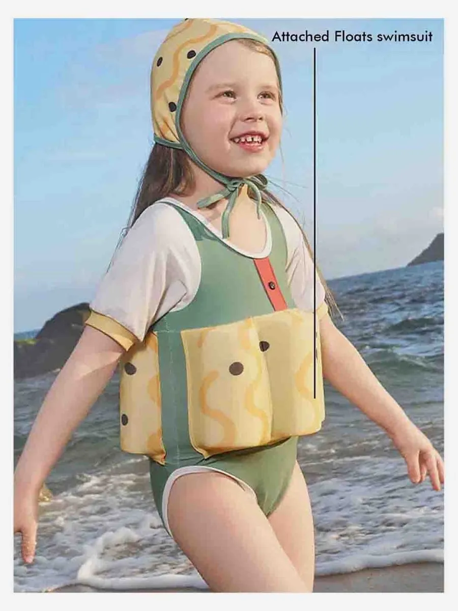 Little Surprise Box Olive & Yellow Curves Print Kids Swimsuit with attached Swim Floats  tie up cap in UPF 50 