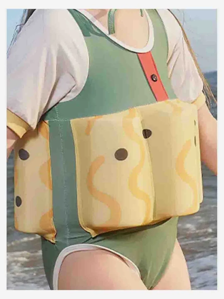 Little Surprise Box Olive & Yellow Curves Print Kids Swimsuit with attached Swim Floats  tie up cap in UPF 50 