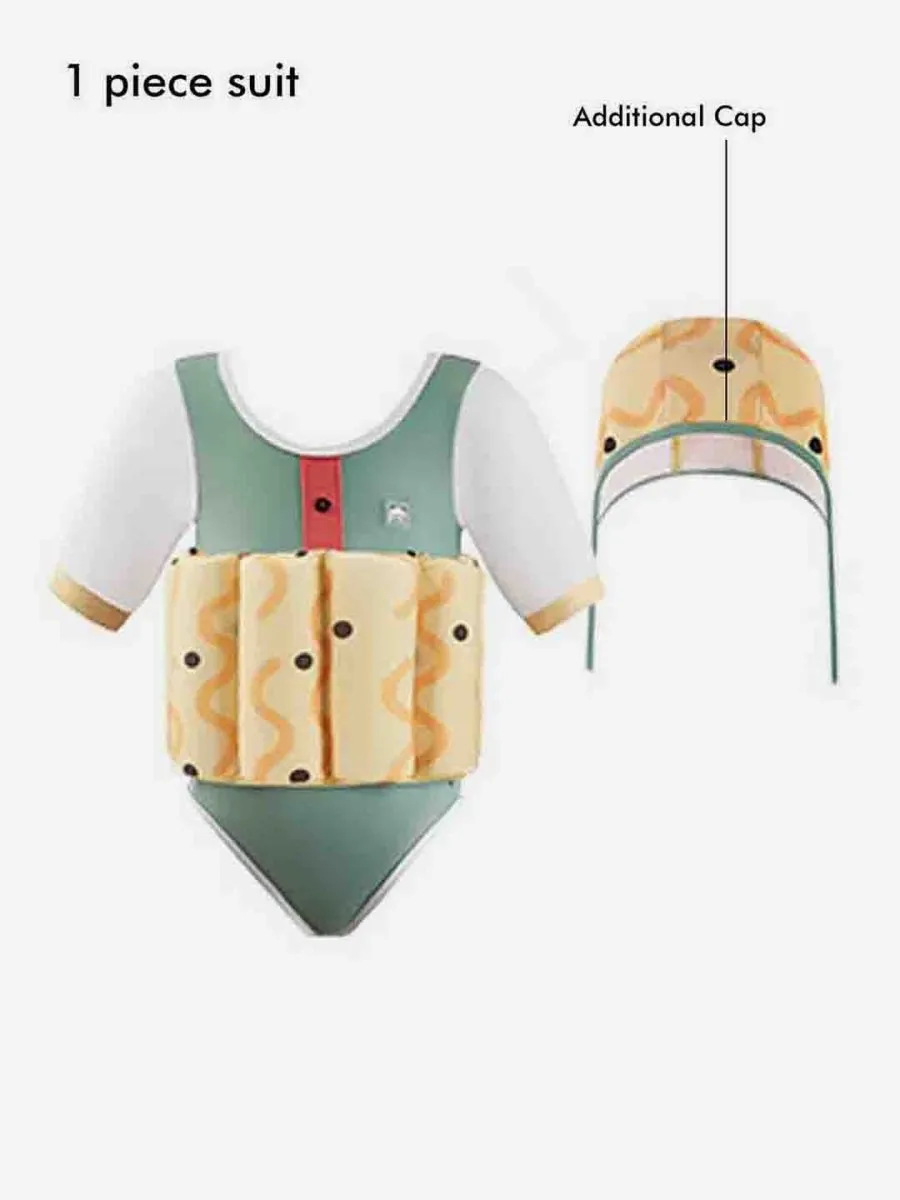 Little Surprise Box Olive & Yellow Curves Print Kids Swimsuit with attached Swim Floats  tie up cap in UPF 50 