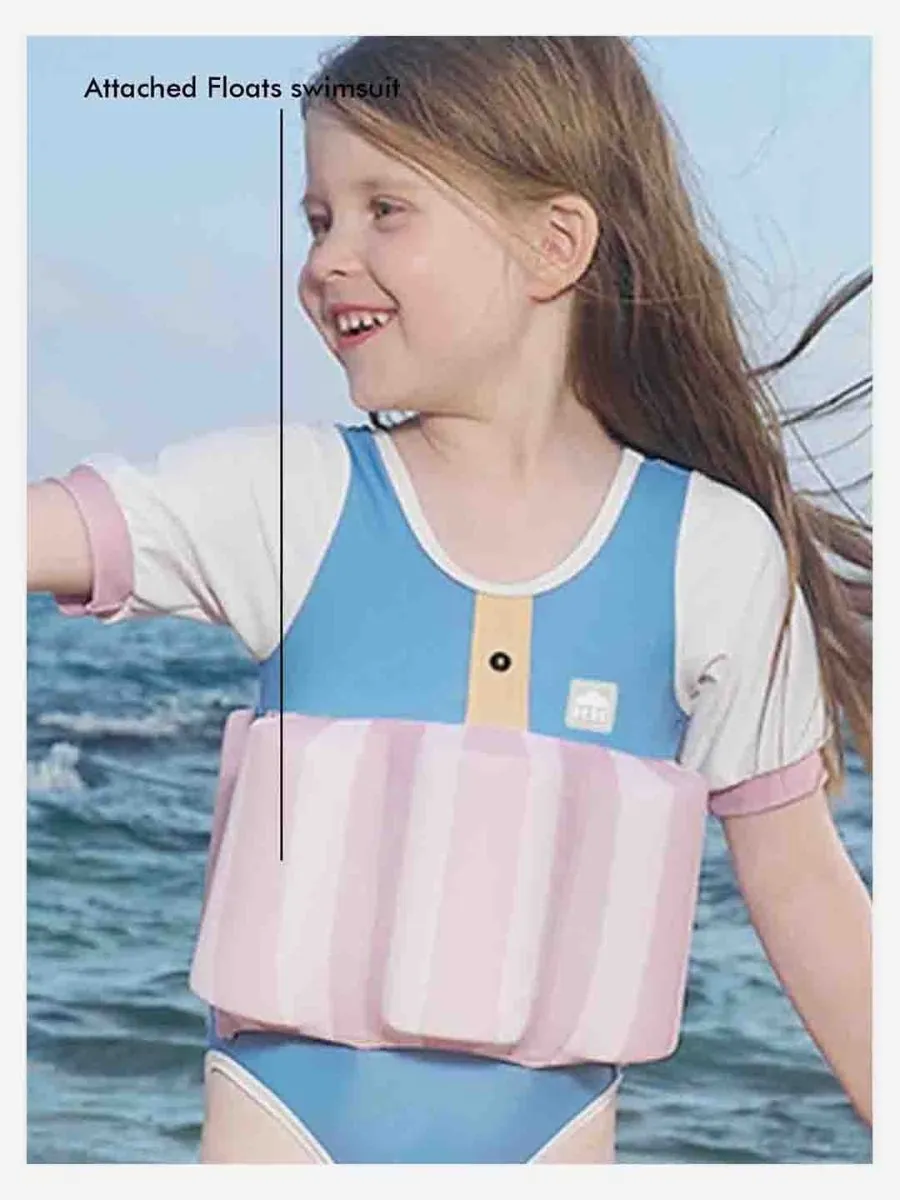 Little Surprise Box Powder Blue & Pink Stripes Kids Swimsuit with attached Swim Floats  tie up cap in UPF 50 