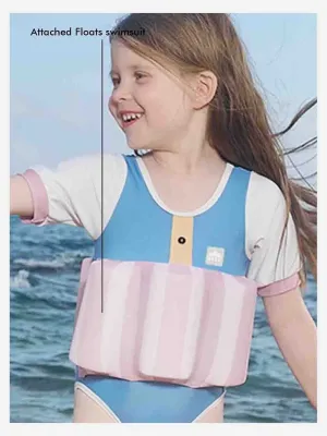 Little Surprise Box Powder Blue & Pink Stripes Kids Swimsuit with attached Swim Floats  tie up cap in UPF 50 