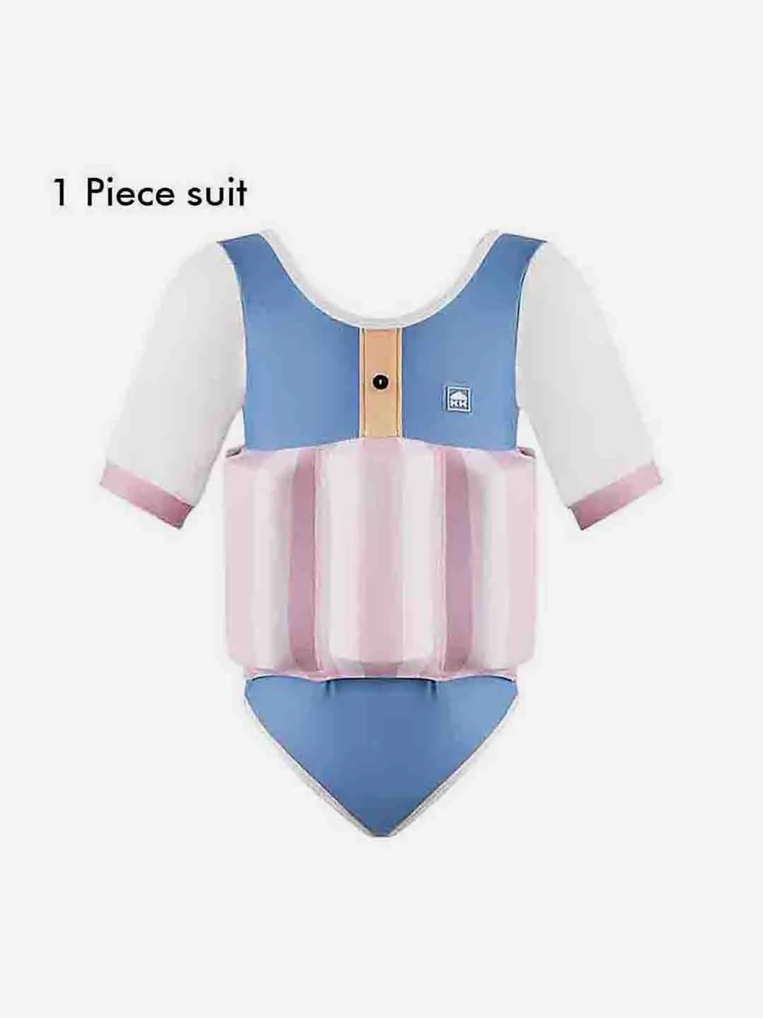 Little Surprise Box Powder Blue & Pink Stripes Kids Swimsuit with attached Swim Floats  tie up cap in UPF 50 