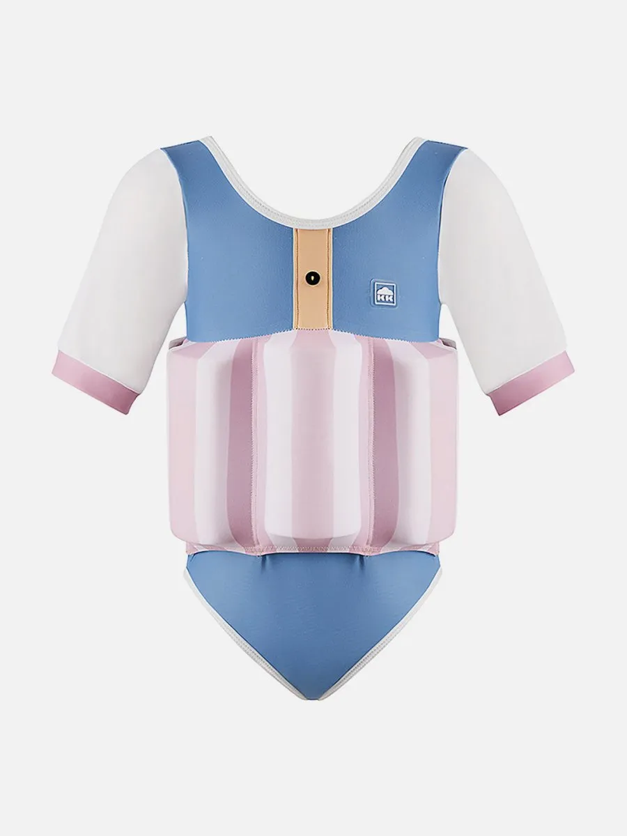 Little Surprise Box Powder Blue & Pink Stripes Kids Swimsuit with attached Swim Floats  tie up cap in UPF 50 