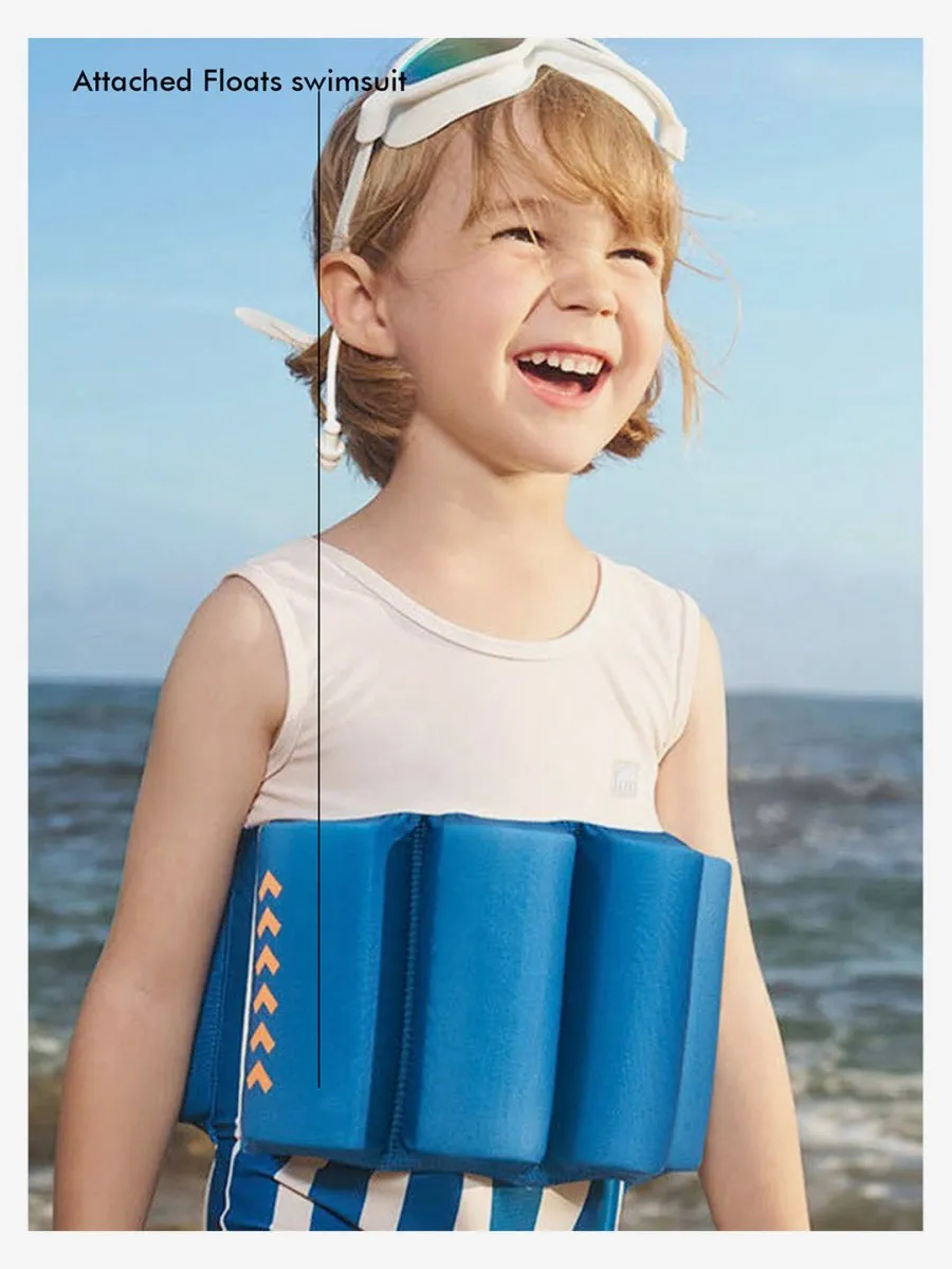 Little Surprise Box White & Blue Stripes Kids Swimsuit with attached Swim Floats  tie up cap in UPF 50 