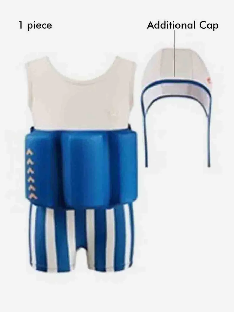 Little Surprise Box White & Blue Stripes Kids Swimsuit with attached Swim Floats  tie up cap in UPF 50 