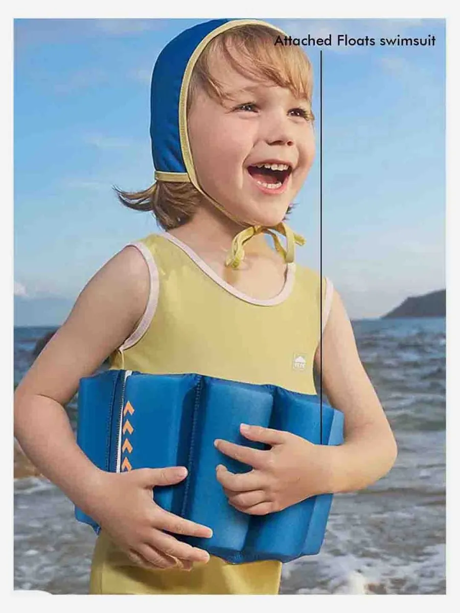 Little Surprise Box Yellow & Blue Kids Swimsuit with attached Swim Floats  tie up cap in UPF 50 