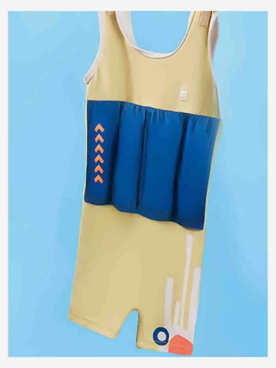 Little Surprise Box Yellow & Blue Kids Swimsuit with attached Swim Floats  tie up cap in UPF 50 