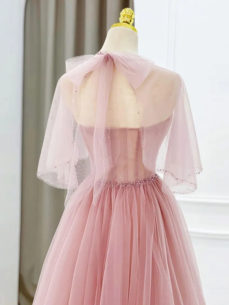 Lovely Pink Tulle Beaded Long Prom Dress with Cape, Pink  Long Party Dress