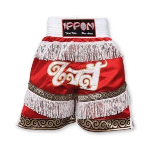 MAR-095J | Red & White Kickboxing & K1 Shorts w/ White Tassles