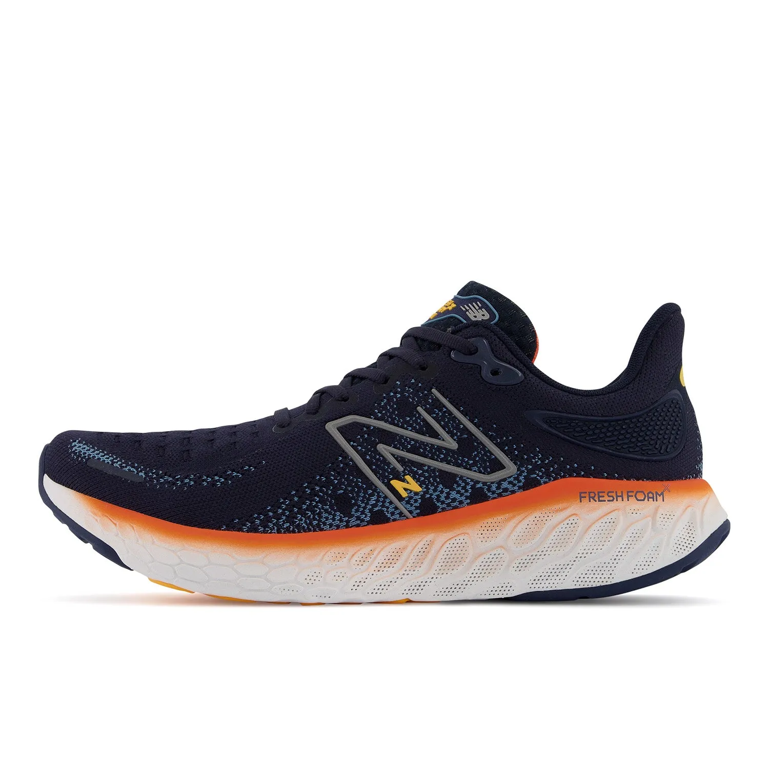 Men's New Balance Fresh Foam X 1080v12 Color: Eclipse with Vibrant Orange and Spring Tide