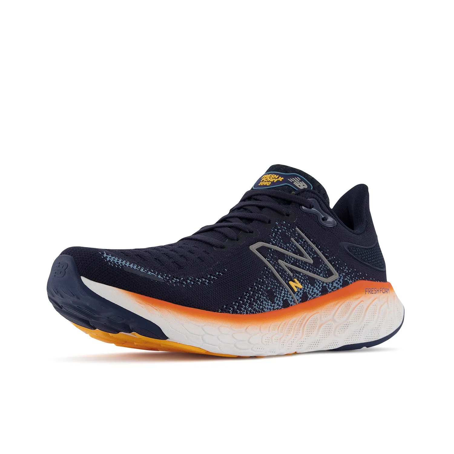 Men's New Balance Fresh Foam X 1080v12 Color: Eclipse with Vibrant Orange and Spring Tide