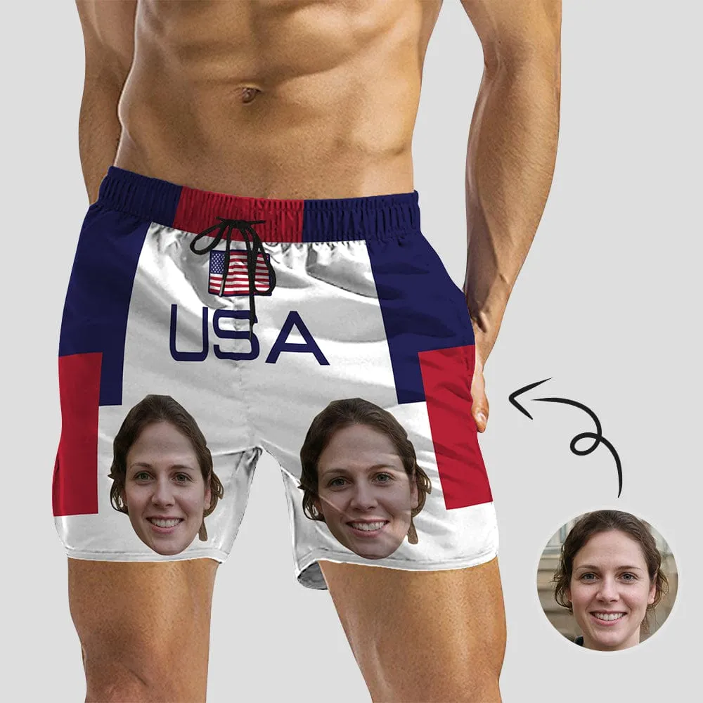 Personalized Swim Trunks with Girlfriend's Face Custom Face USA Flag Men's Quick Dry Swim Shorts