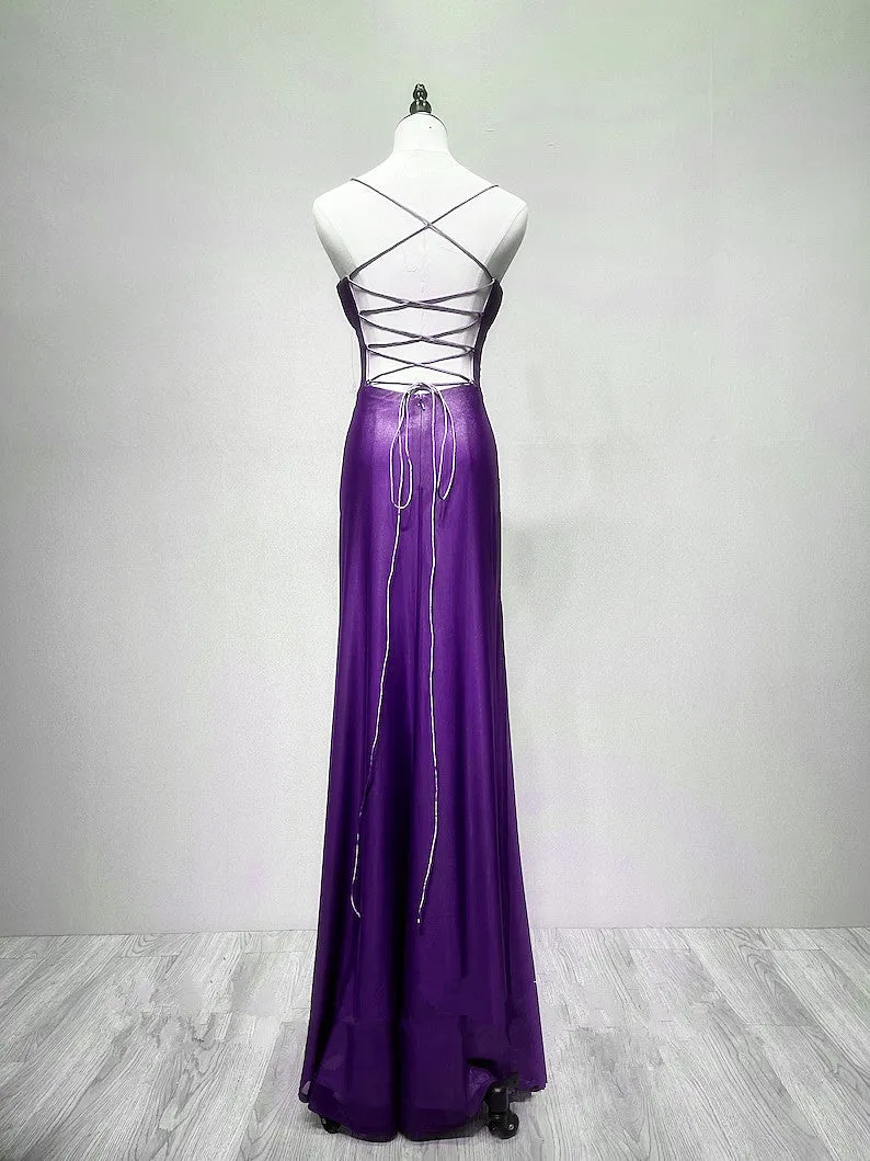 Purple Long Straps Scoop Vintage Evening Dress, Purple Formal Dress Prom Dress