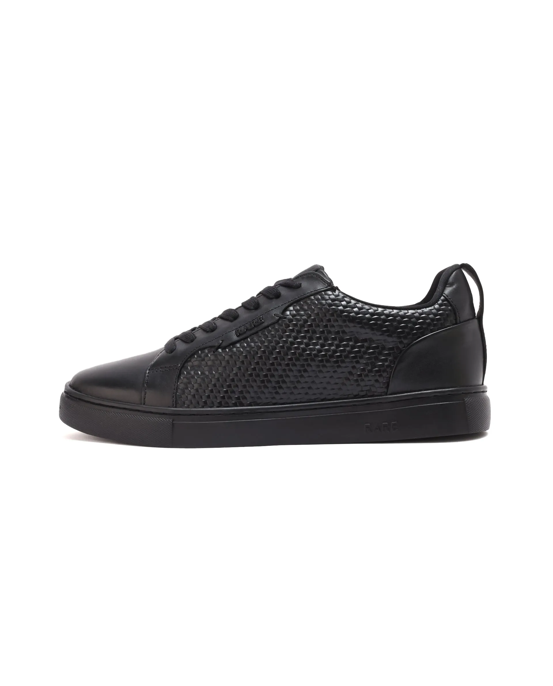 Rare Rabbit Mens Rapso Black Round Toe Low-Top Embossed Lace-Up Sneaker Shoes