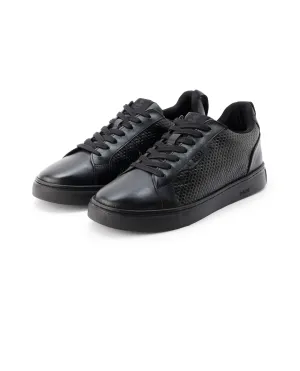 Rare Rabbit Mens Rapso Black Round Toe Low-Top Embossed Lace-Up Sneaker Shoes