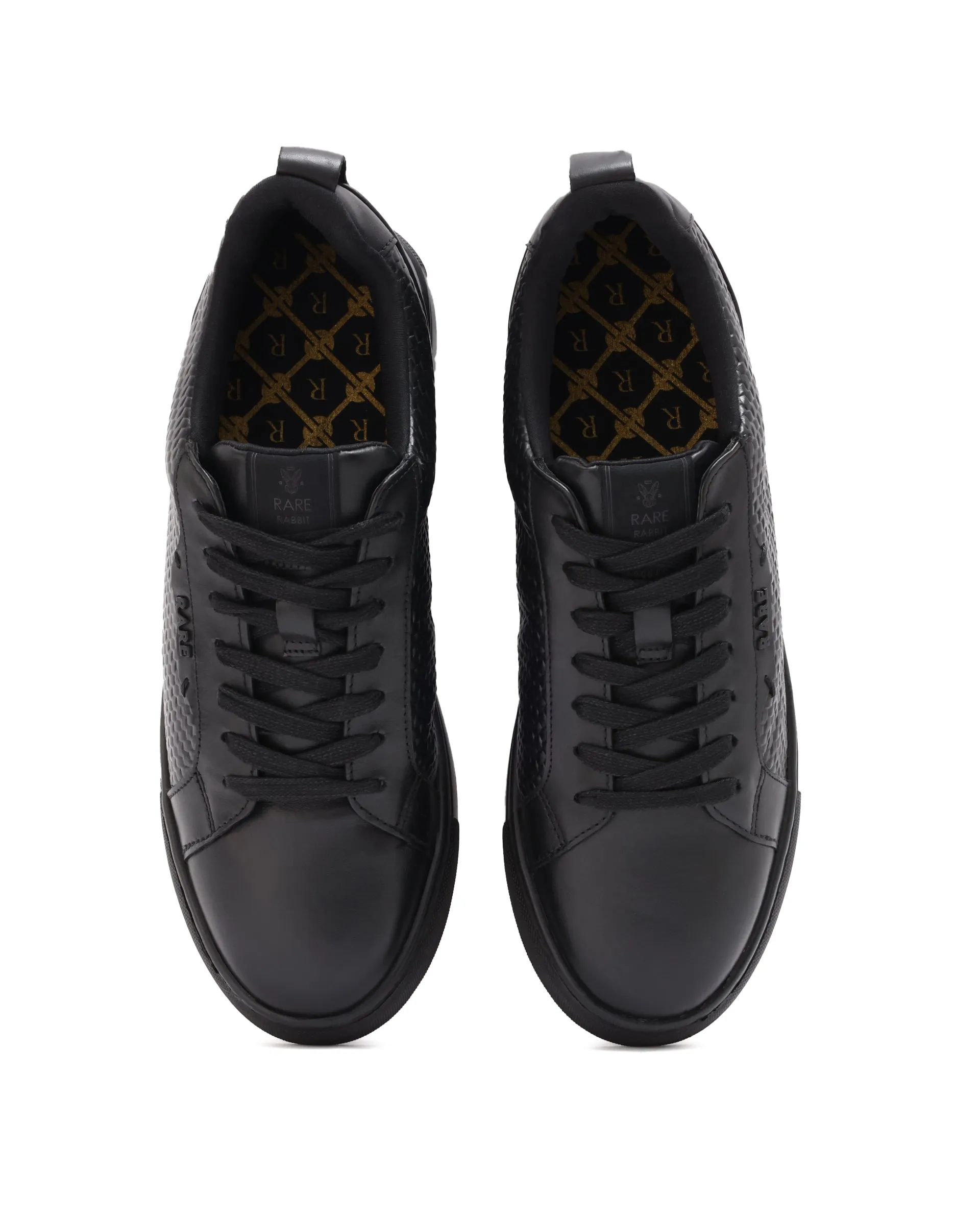 Rare Rabbit Mens Rapso Black Round Toe Low-Top Embossed Lace-Up Sneaker Shoes