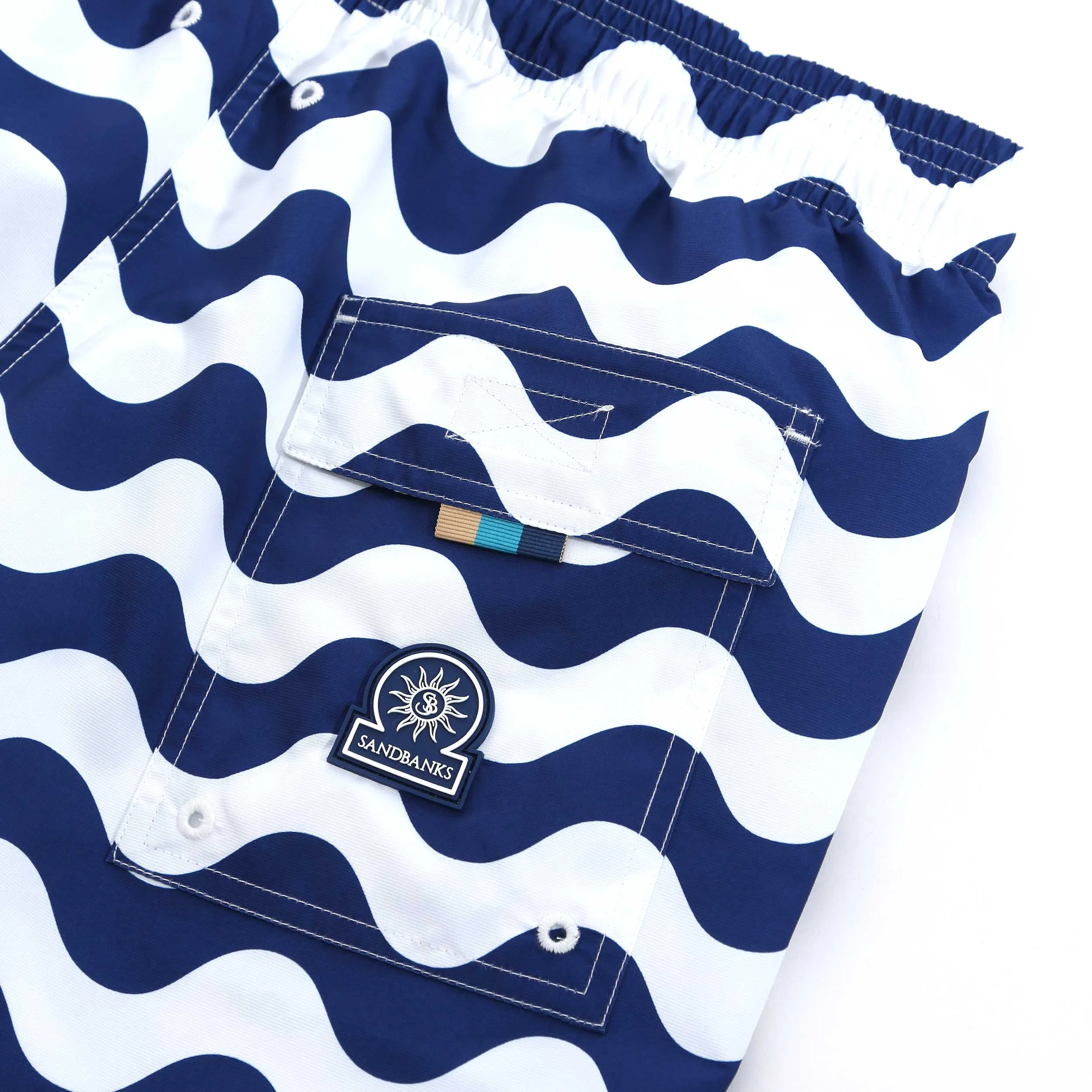 Sandbanks Geometric Wave Swim Shorts in Navy & White