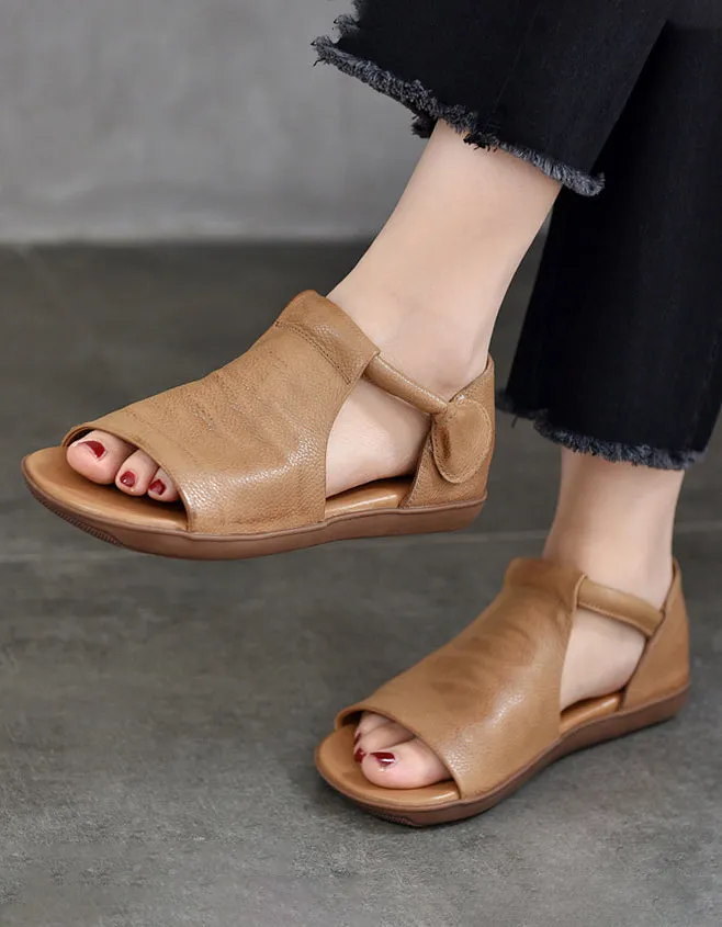 Summer Breathable Open Toe Leather Flat Sandals