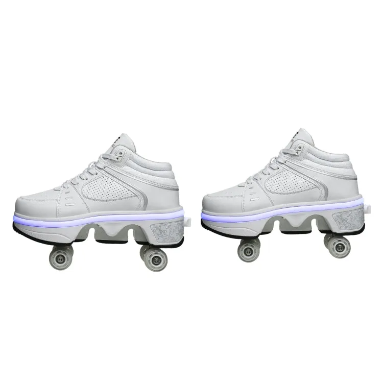 Two-Purpose Skating Shoes Deformation Shoes Double Row Rune Roller Skates Shoes, Size: 40(High-top With Light (White))