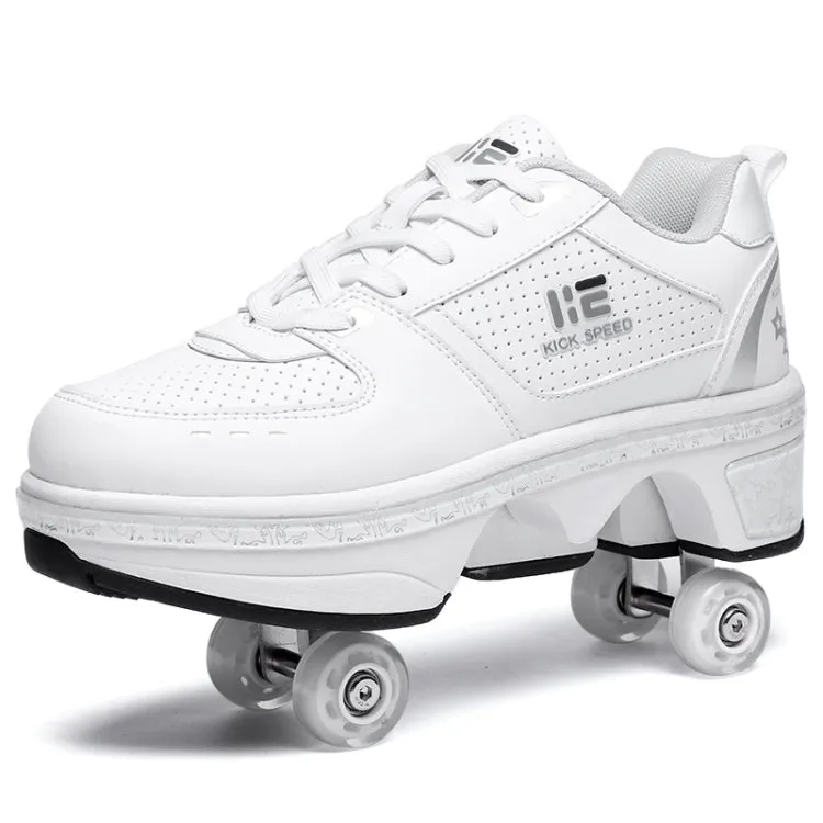 Two-Purpose Skating Shoes Deformation Shoes Double Row Rune Roller Skates Shoes, Size: 40(High-top With Light (White))