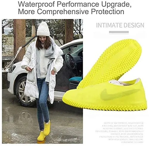 VBoo Waterproof Shoe Covers, Non-Slip Water Resistant Overshoes Silicone Rubber Rain Shoe Cover Outdoor cycling Protectors apply to Men, Women, Kids (Large, Yellow)