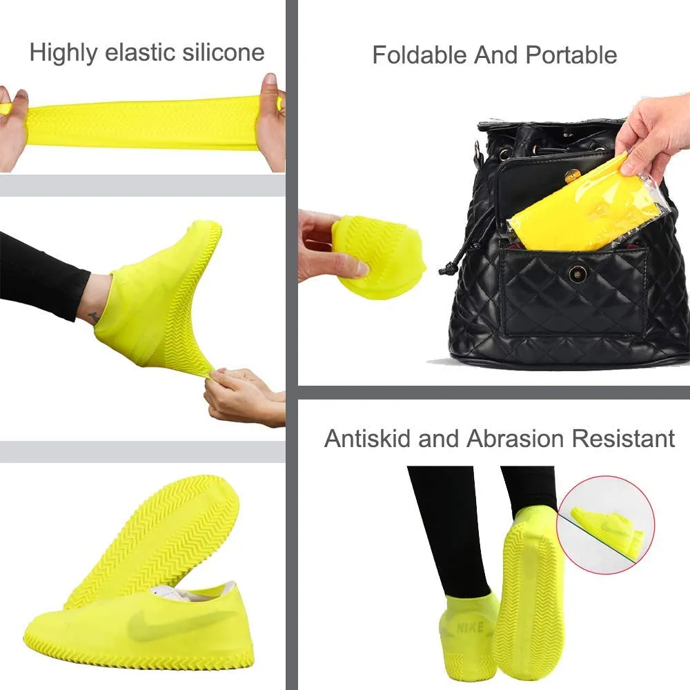 VBoo Waterproof Shoe Covers, Non-Slip Water Resistant Overshoes Silicone Rubber Rain Shoe Cover Outdoor cycling Protectors apply to Men, Women, Kids (Large, Yellow)