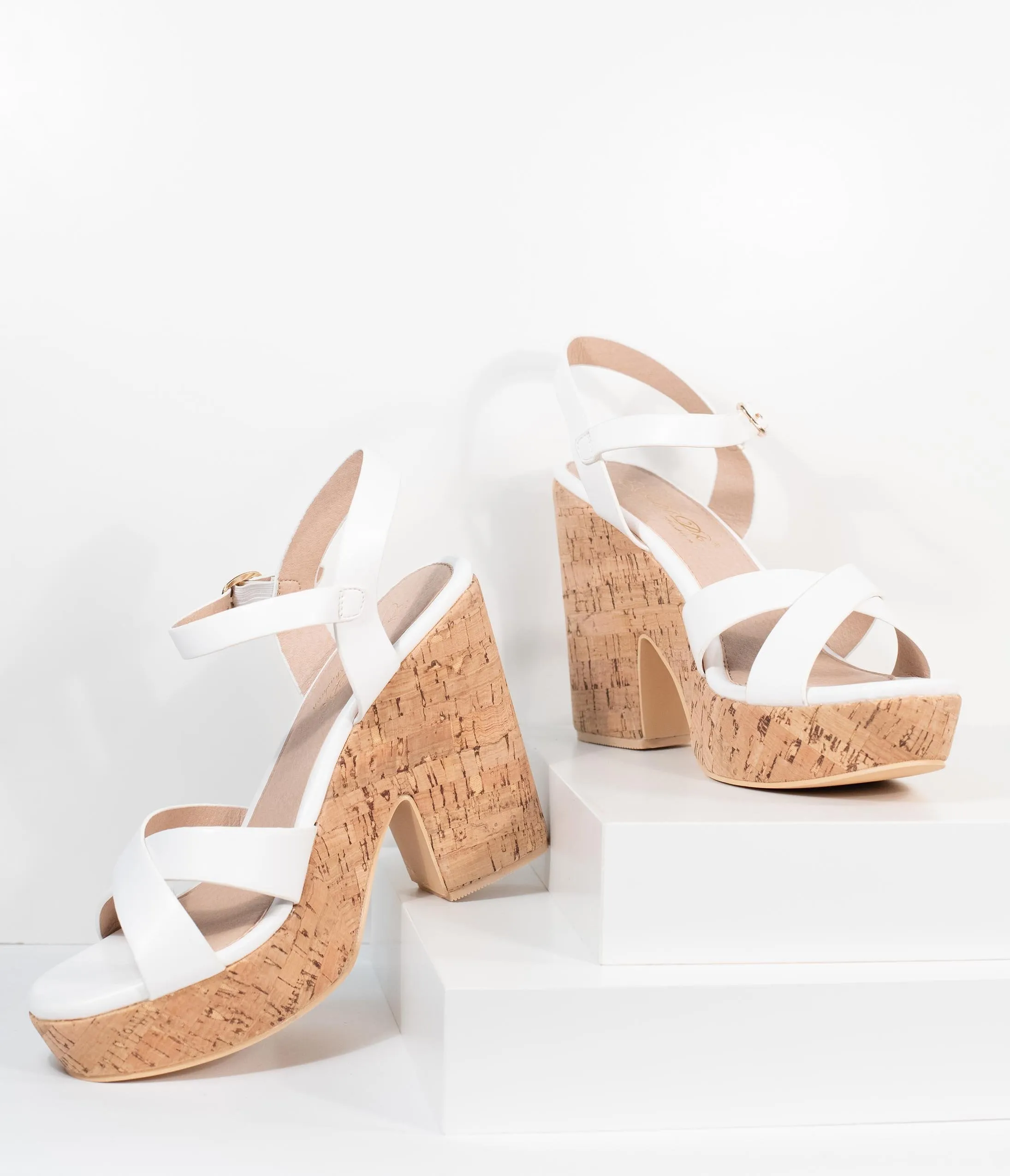 White Leatherette & Cork Stacked Platform Heels