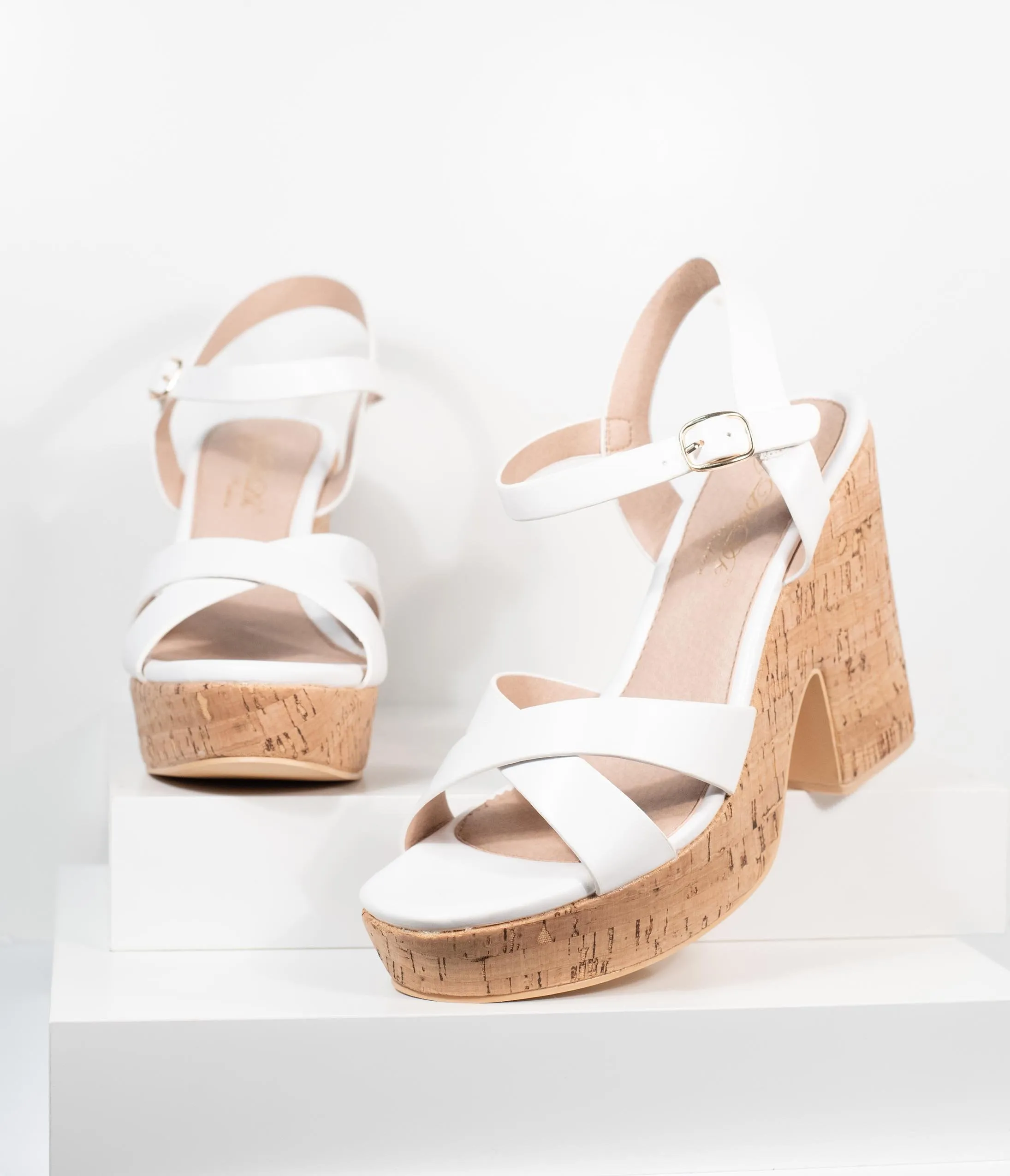 White Leatherette & Cork Stacked Platform Heels