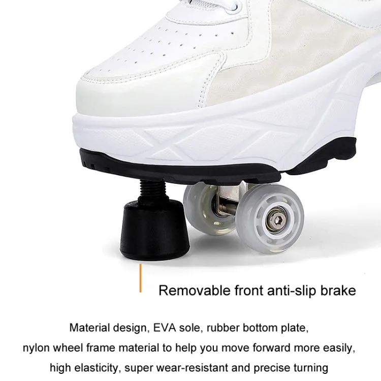 With Brakes Deformable Four-wheel Retractable Double-row Dual-purpose Roller Skates, Size: 35(DF08 White Black)