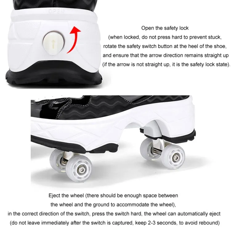 With Brakes Deformable Four-wheel Retractable Double-row Dual-purpose Roller Skates, Size: 35(DF08 White Black)