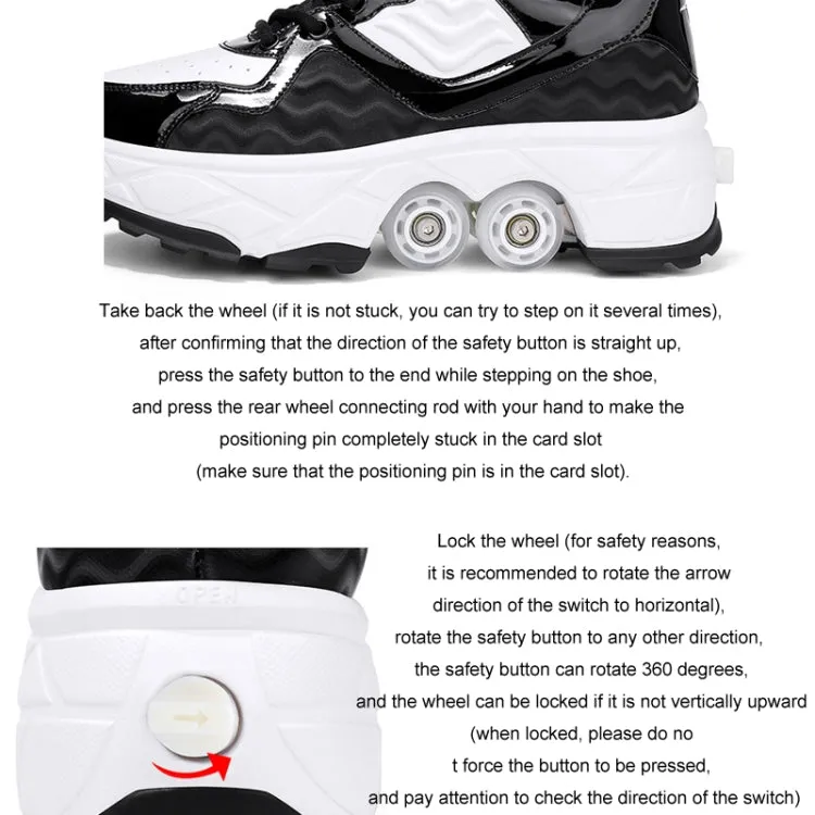 With Brakes Deformable Four-wheel Retractable Double-row Dual-purpose Roller Skates, Size: 35(DF08 White Black)