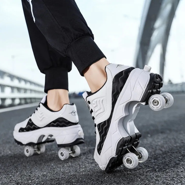 With Brakes Deformable Four-wheel Retractable Double-row Dual-purpose Roller Skates, Size: 38(DF08 White Black)