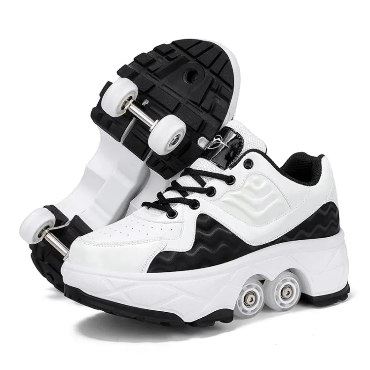 With Brakes Deformable Four-wheel Retractable Double-row Dual-purpose Roller Skates, Size: 38(DF08 White Black)