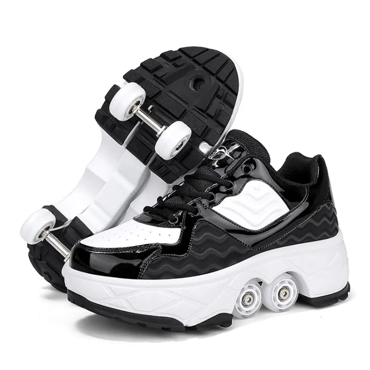 With Brakes Deformable Four-wheel Retractable Double-row Dual-purpose Roller Skates, Size: 40(DF08 Black)