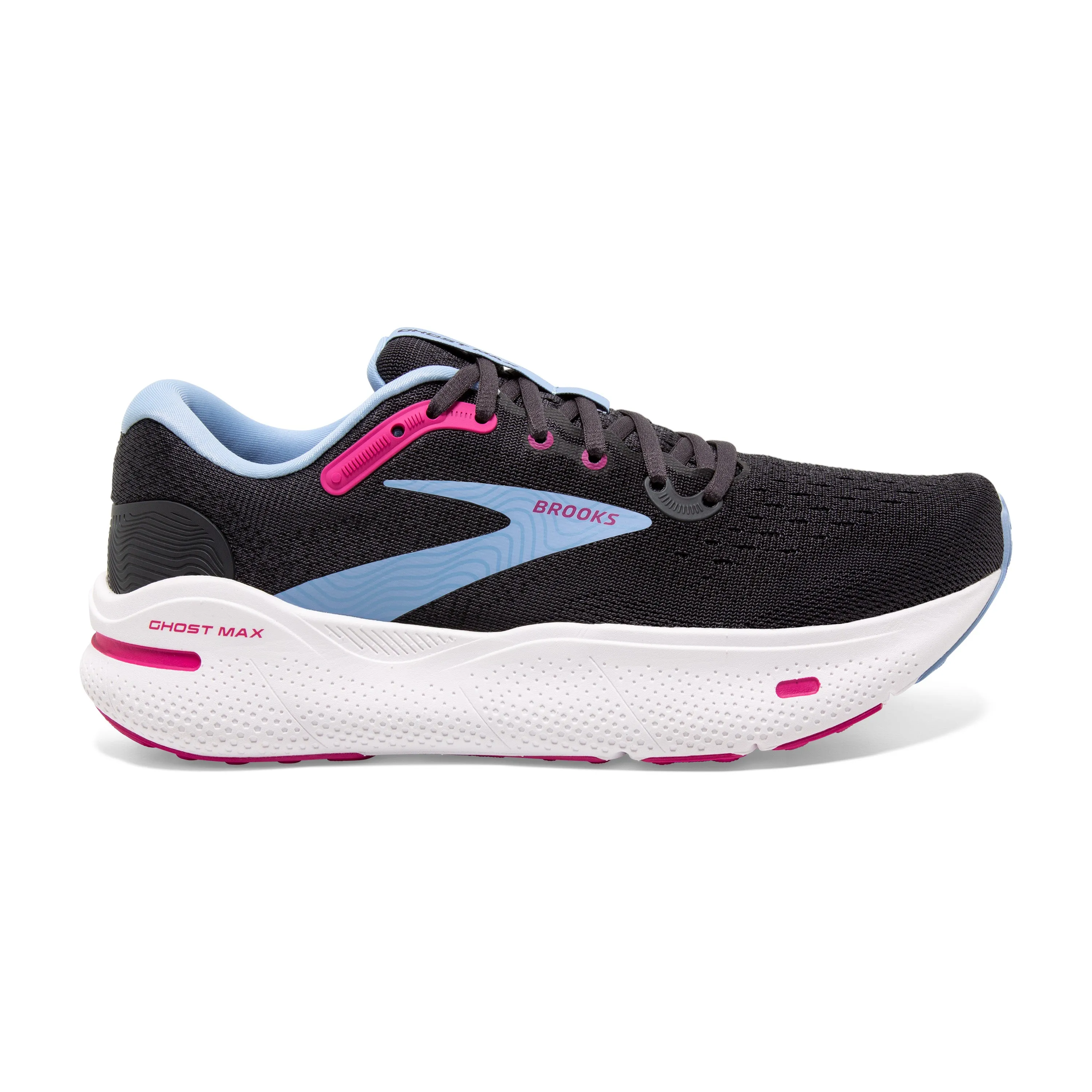 Women's Brooks Ghost Max Color: Ebony/Open Air/Lilac Rose (EXTRA WIDE WIDTH)