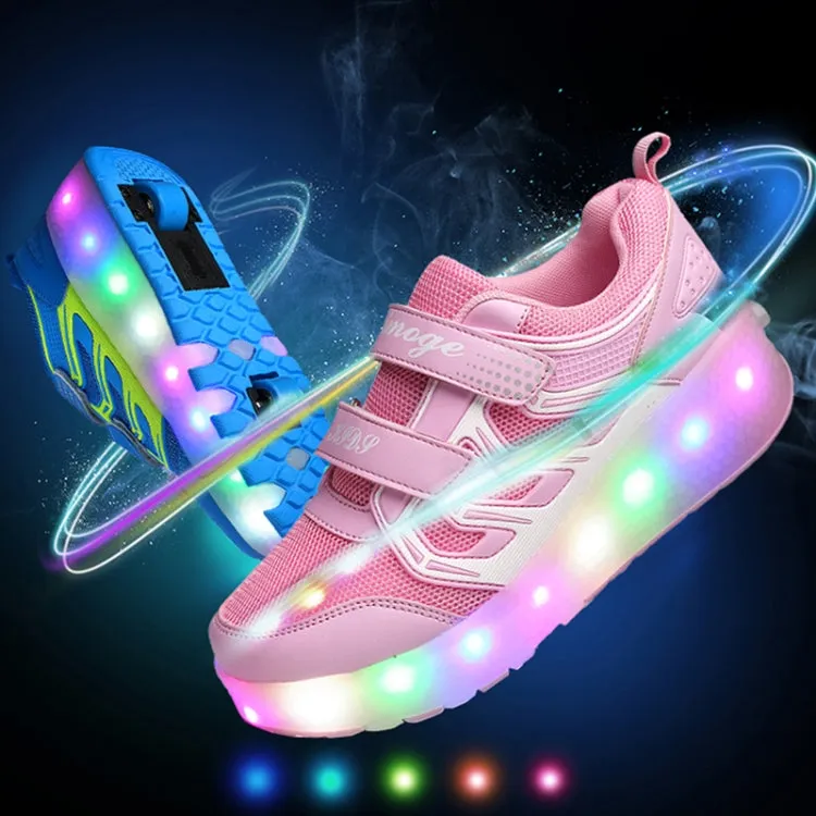 WS01 LED Light Ultra Light Mesh Surface Rechargeable Double Wheel Roller Skating Shoes Sport Shoes, Size : 29(Pink)