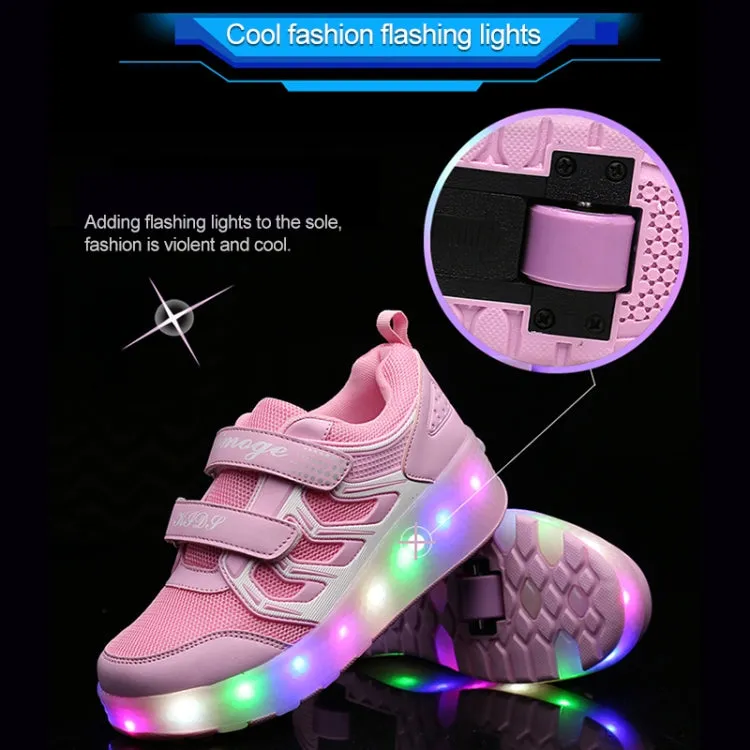 WS01 LED Light Ultra Light Mesh Surface Rechargeable Double Wheel Roller Skating Shoes Sport Shoes, Size : 29(Pink)