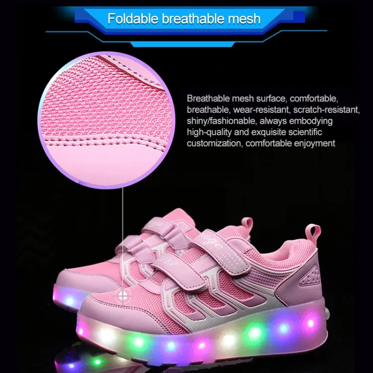 WS01 LED Light Ultra Light Mesh Surface Rechargeable Double Wheel Roller Skating Shoes Sport Shoes, Size : 29(Pink)