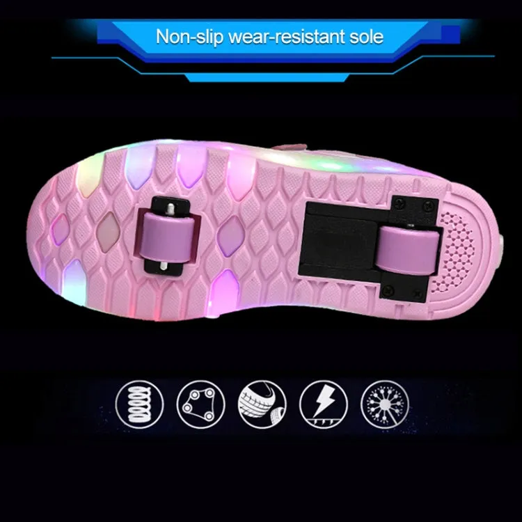 WS01 LED Light Ultra Light Mesh Surface Rechargeable Double Wheel Roller Skating Shoes Sport Shoes, Size : 29(Pink)