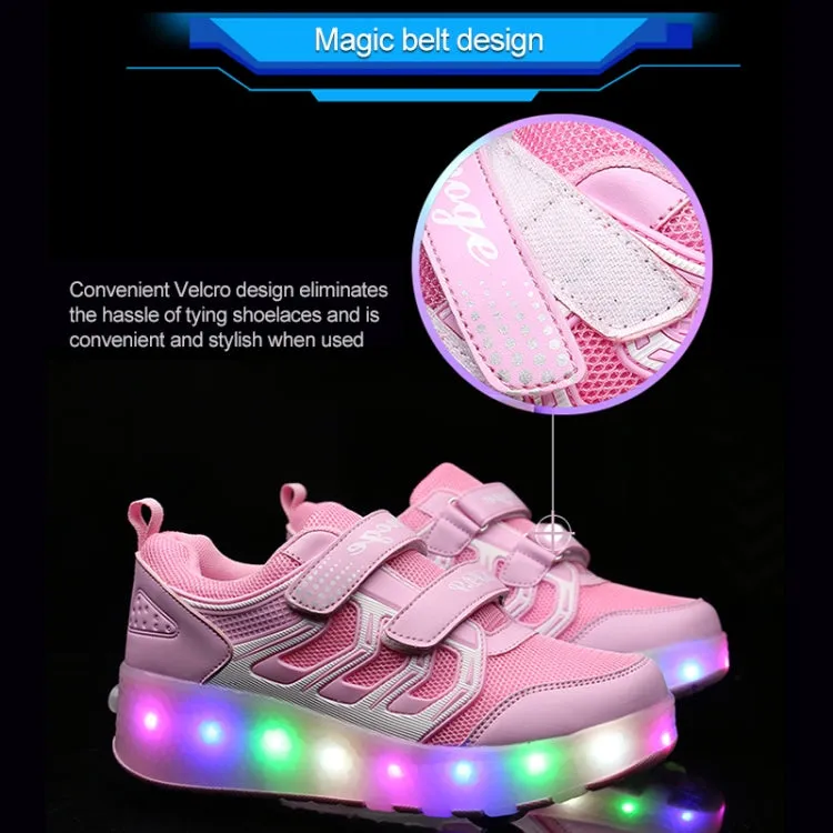 WS01 LED Light Ultra Light Mesh Surface Rechargeable Double Wheel Roller Skating Shoes Sport Shoes, Size : 34(Pink)