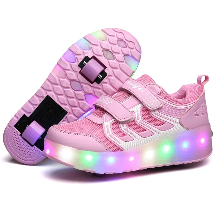 WS01 LED Light Ultra Light Mesh Surface Rechargeable Double Wheel Roller Skating Shoes Sport Shoes, Size : 34(Pink)